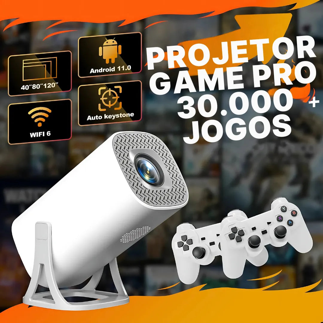 Projetor Android 11 com Controle Sem Fio, Imagem 4K e Cartão 64GB com Jogos | Innova Fácil