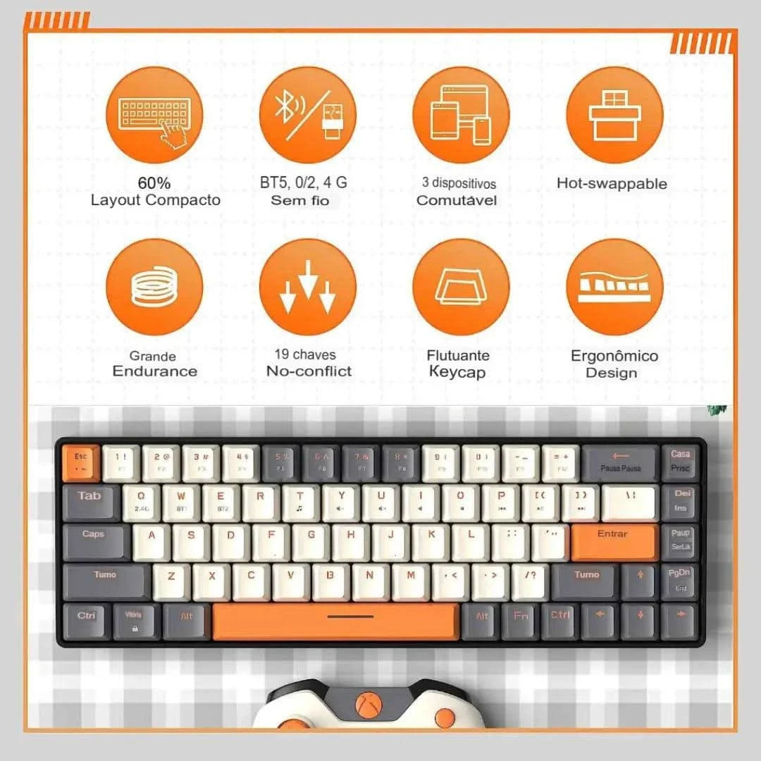 Teclado Wireless Compacto K68 DualMode Com Bluetooth e Hot-Swappable | Innova Fácil