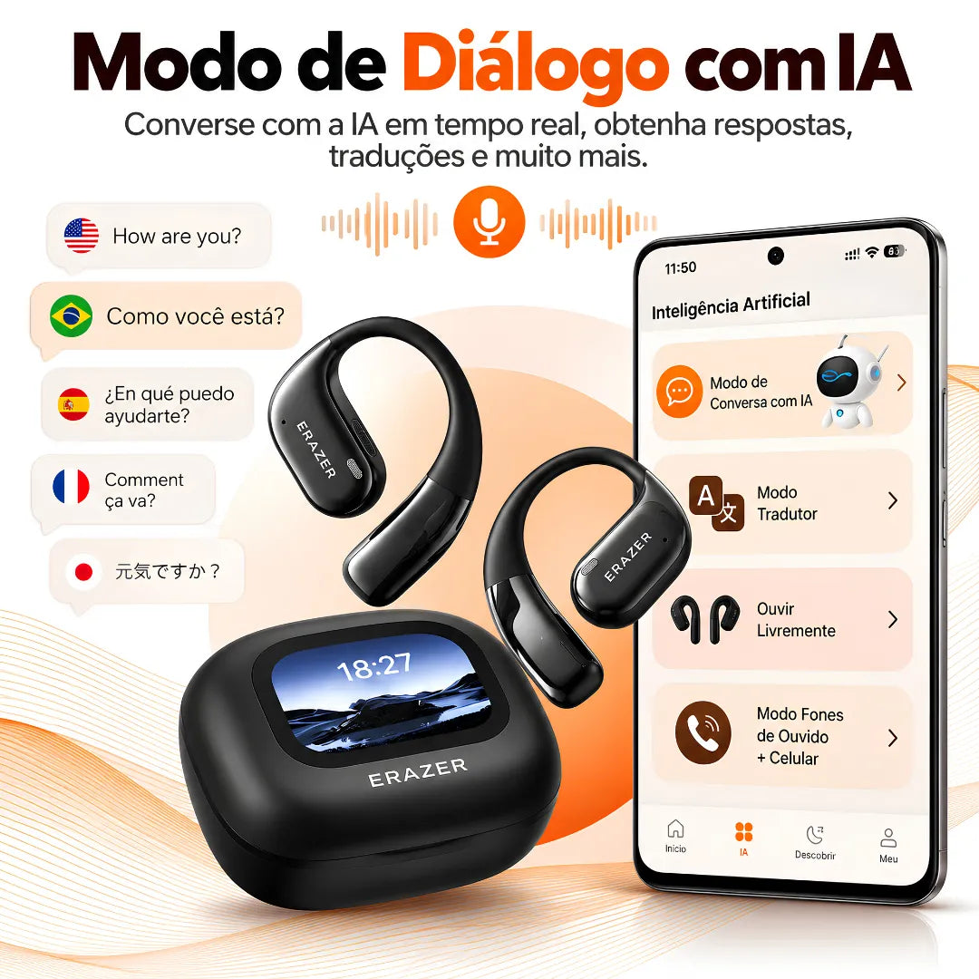 Fone Bluetooth Tradutor ERAZER XF26 com IA, Tradução em Tempo Real, Design Open Ear e Tela Touch | Innova Fácil