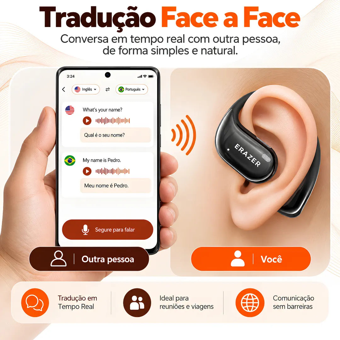 Fone Bluetooth Tradutor ERAZER XF26 com IA, Tradução em Tempo Real, Design Open Ear e Tela Touch | Innova Fácil