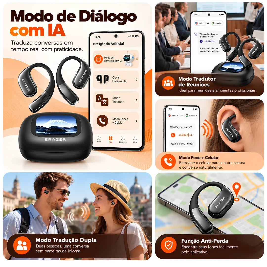Fone Bluetooth Tradutor ERAZER XF26 com IA, Tradução em Tempo Real, Design Open Ear e Tela Touch | Innova Fácil