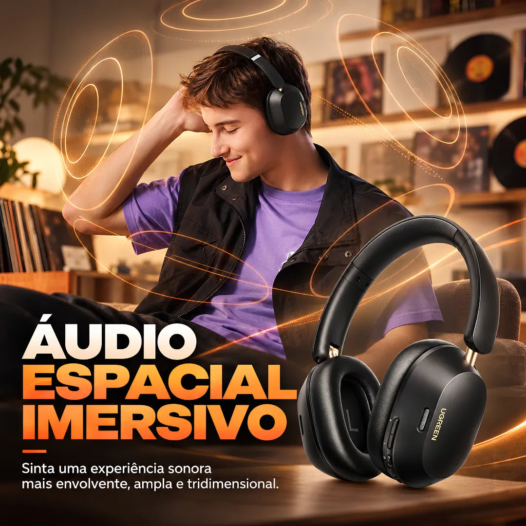 Headphone Bluetooth UGREEN Max5c Com Cancelamento de Ruído ANC 43dB, Áudio Hi-Res LDAC e Até 75 Horas de Bateria | Innova Fácil