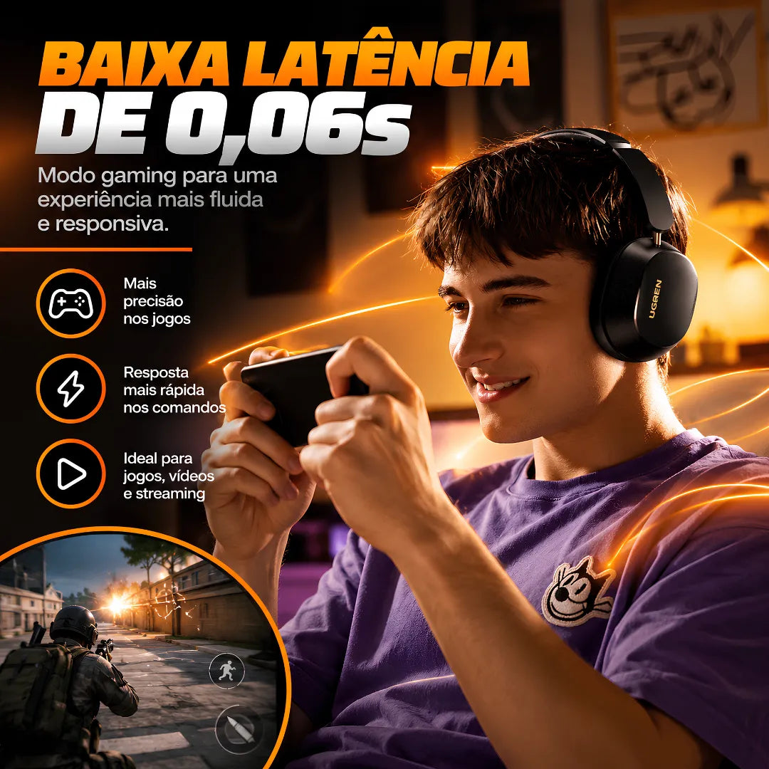 Headphone Bluetooth UGREEN Max5c Com Cancelamento de Ruído ANC 43dB, Áudio Hi-Res LDAC e Até 75 Horas de Bateria | Innova Fácil