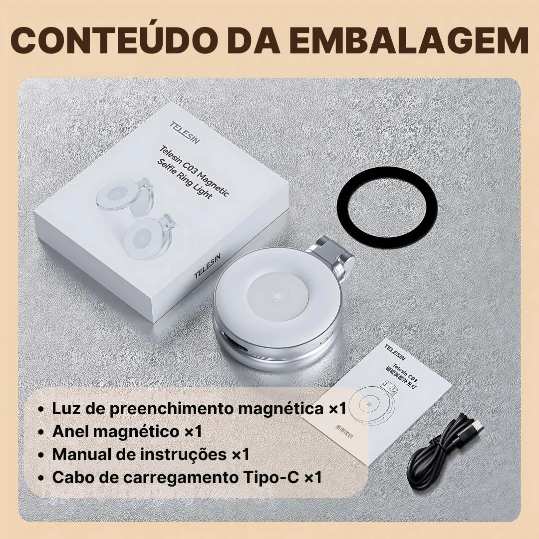 Luz de Preenchimento Magnética TELESIN Magsafe 360° com Espelho e 3 Modos de Iluminação | Innova Fácil