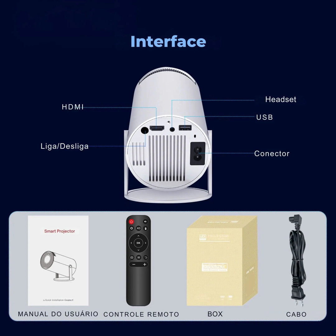 Mini Projetor Portátil 4K com AndroidTV, Wi-Fi e Espelhamento de Tela | Innova Fácil