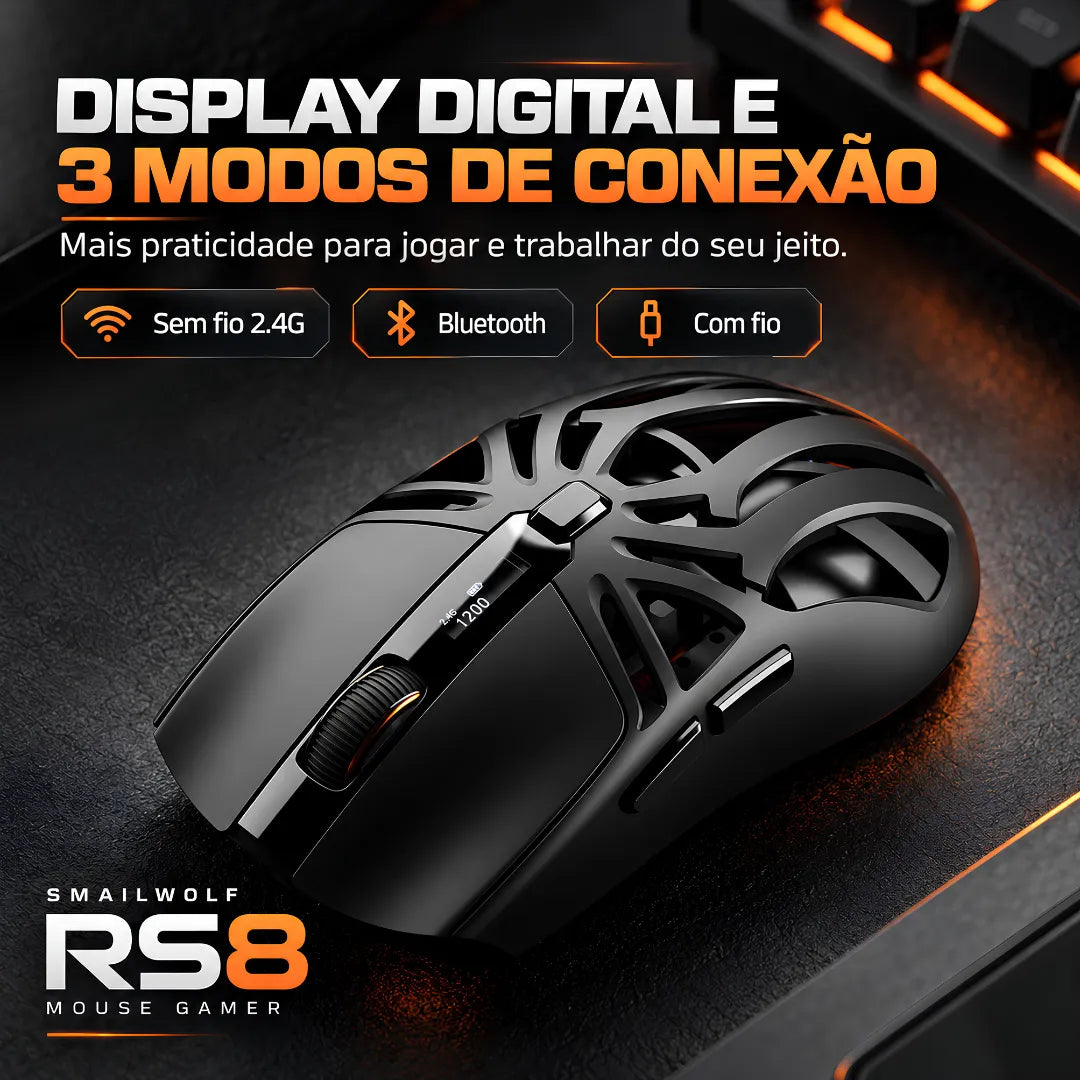 Mouse Gamer Sem Fio SMAILWOLF RS8 Bluetooth 3 Modos, Design Ergonômico Para Mãos Grandes | Innova Fácil