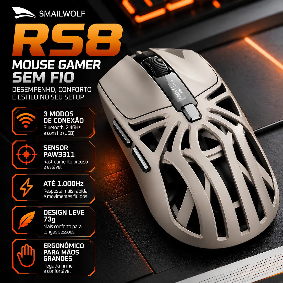 Mouse Gamer Sem Fio SMAILWOLF RS8 Bluetooth 3 Modos, Design Ergonômico Para Mãos Grandes | Innova Fácil