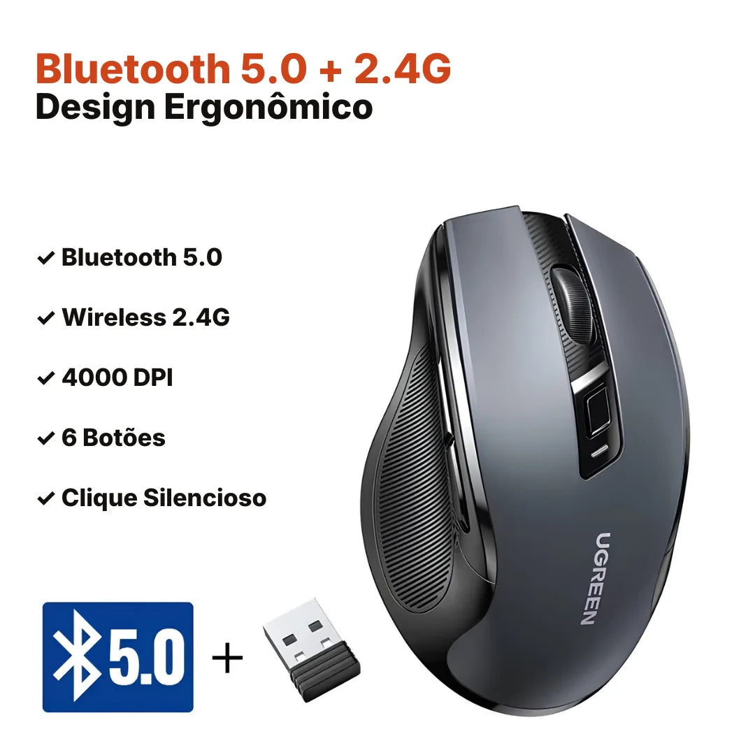 Mouse Sem Fio UGREEN MU006 Ergonômico 4000 DPI Bluetooth 5.0 2.4G 6 Botões Silencioso | Innova Fácil